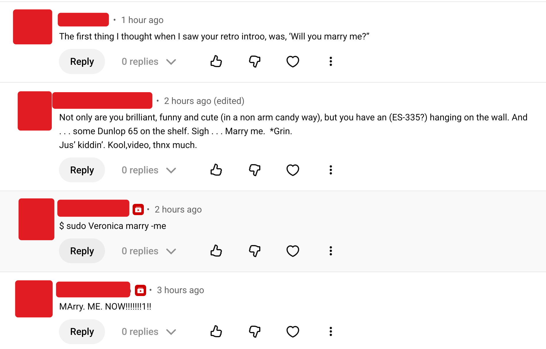 Several replies on various YouTube videos, from redacted users asking me to marry them.